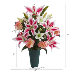 23” Carnation and Lilies Artificial Graveside Memorial Arrangement in Green Vase - Ornate Home