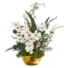 23” Dogwood Artificial Arrangement in Gold Vase - Ornate Home