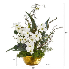 23” Dogwood Artificial Arrangement in Gold Vase - Ornate Home