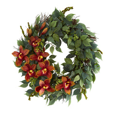 23” Mixed Greens and Cymbidium Orchid Artificial Wreath - Ornate Home