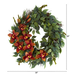 23” Mixed Greens and Cymbidium Orchid Artificial Wreath - Ornate Home