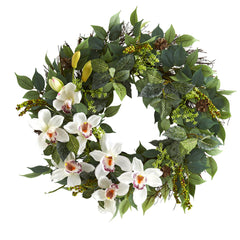 23” Mixed Greens and Cymbidium Orchid Artificial Wreath - Ornate Home