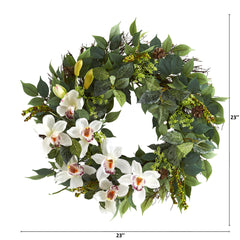 23” Mixed Greens and Cymbidium Orchid Artificial Wreath - Ornate Home