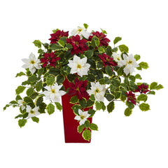 23” Poinsettia and Variegated Holly Artificial Plant in Decorative Planter (Real Touch) - Ornate Home