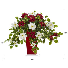 23” Poinsettia and Variegated Holly Artificial Plant in Decorative Planter (Real Touch) - Ornate Home