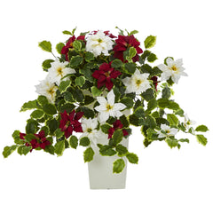 23” Poinsettia and Variegated Holly Artificial Plant in Decorative Planter (Real Touch) - Ornate Home