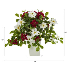 23” Poinsettia and Variegated Holly Artificial Plant in Decorative Planter (Real Touch) - Ornate Home
