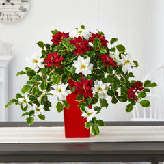 23” Poinsettia and Variegated Holly Artificial Plant in Decorative Planter (Real Touch) - Ornate Home