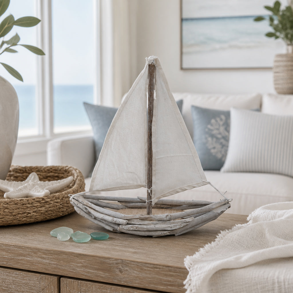 Fish Rock White Boat Driftwood with Cloth Saile