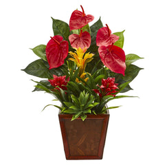 24” Anthurium, Bromeliad and Succulent Artificial Plant in Decorative Planter - Ornate Home