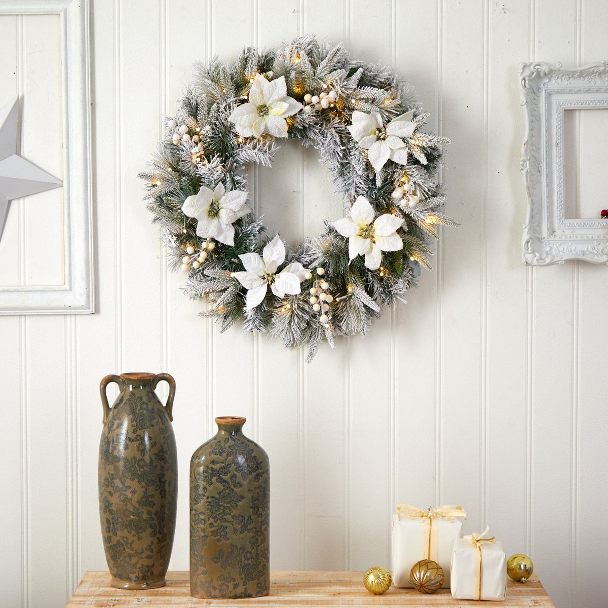 24” Artificial Flocked Poinsettia and Pine Christmas Wreath with 50 Warm White LED Lights