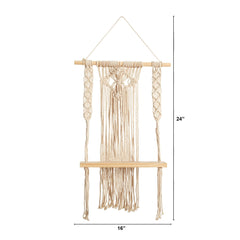 24" Boho Chic Wood Macrame Single Shelf Woven Diamond Wall Art Décor" - Ornate Home