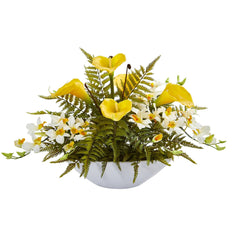 24” Calla Lilly, Dendrobium Orchid and Fern Artificial Arrangement in White Vase - Ornate Home