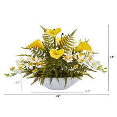 24” Calla Lilly, Dendrobium Orchid and Fern Artificial Arrangement in White Vase - Ornate Home