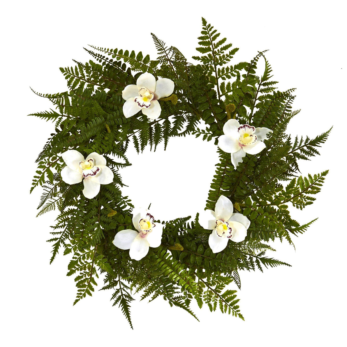 24” Cymbidium Orchid and Mixed Fern Artificial Wreath