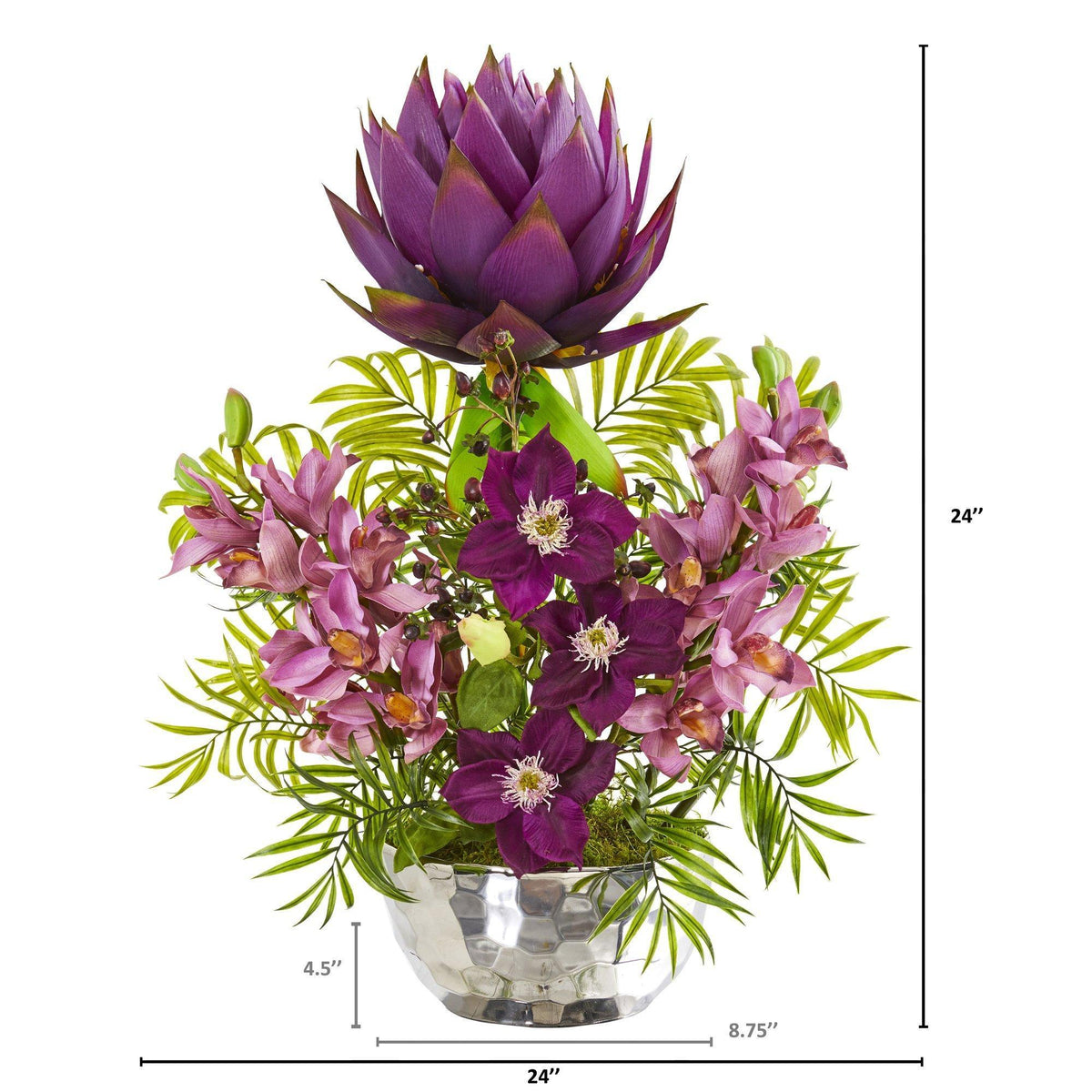 24” Cymbidium Orchid and Mixed Floral Artificial Arrangement in Silver Vase