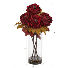 24” Peony Artificial Arrangement in Glass Vase - Ornate Home