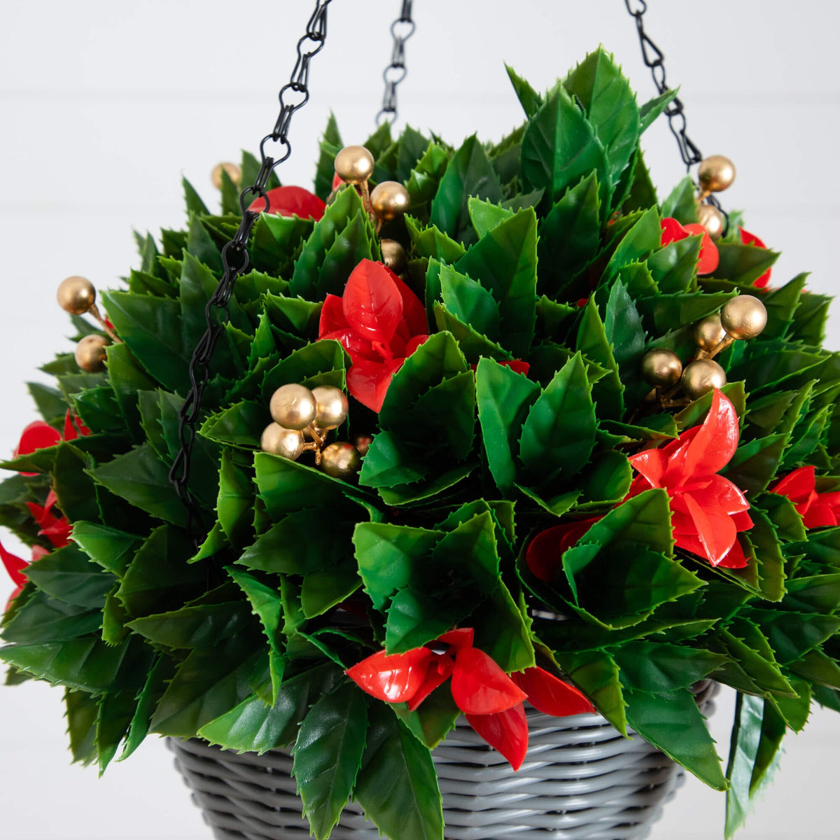 24" Pre-Lit UV Resistant Artificial Red Tip Photinia & Gold Berries Christmas Hanging Basket with 34 Warm White LED Lights (Indoor/Outdoor) - Ornate Home