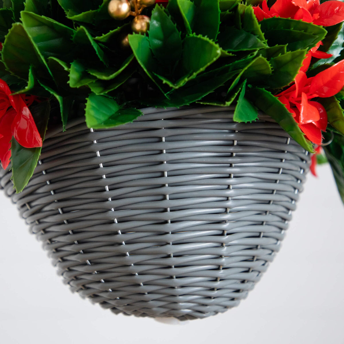 24" Pre-Lit UV Resistant Artificial Red Tip Photinia & Gold Berries Christmas Hanging Basket with 34 Warm White LED Lights (Indoor/Outdoor) - Ornate Home