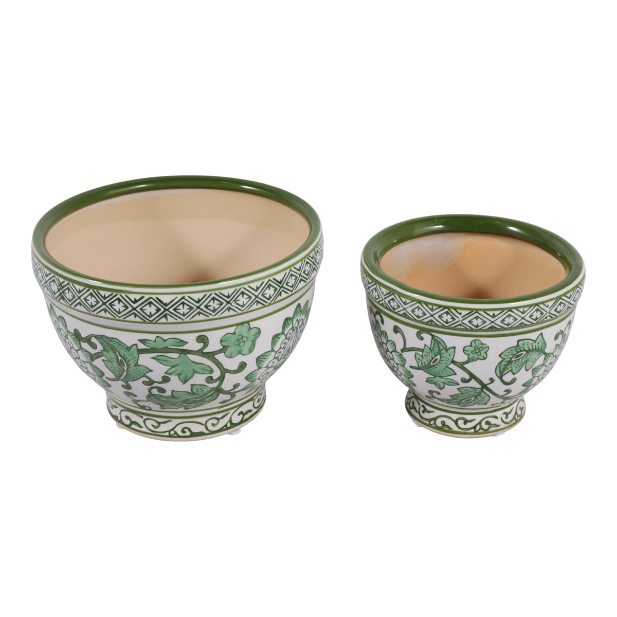 Roybrook Green/White Ceramic Bowl Chinoiserie Planters (Set of 2)