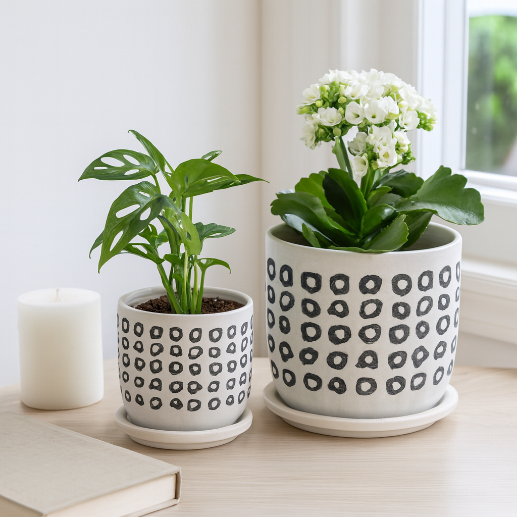 Hickman Black Aztec Planters with Saucer (Set of 2)