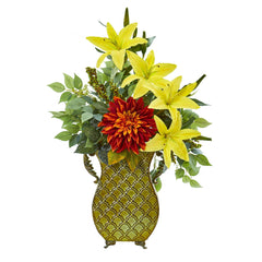 25” Dahlia, Lily and Ficus Artificial Plant in Metal Planter - Ornate Home
