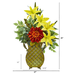 25” Dahlia, Lily and Ficus Artificial Plant in Metal Planter - Ornate Home