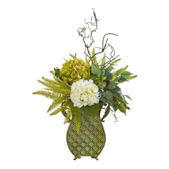 25” Hydrangea, Ficus, and Fern Artificial Plant in Metal Planter - Ornate Home