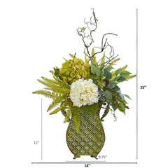 25” Hydrangea, Ficus, and Fern Artificial Plant in Metal Planter - Ornate Home