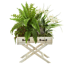 25” Phalaenopsis Orchid, Fern and Mixed Greens Artificial Arrangement in Drawer Planter - Ornate Home