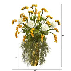 25” Silk Rose Artificial Arrangement in Designer Gold Vase - Ornate Home