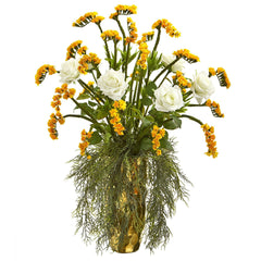 25” Silk Rose Artificial Arrangement in Designer Gold Vase - Ornate Home