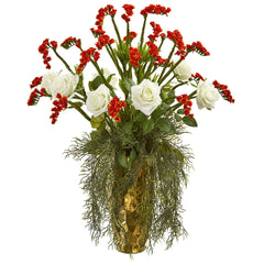 25” Silk Rose Artificial Arrangement in Designer Gold Vase - Ornate Home