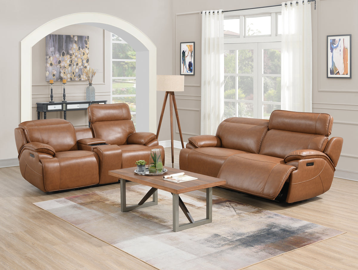 Heber Saddle Fabric Dual Power Reclining Loveseat with Console
