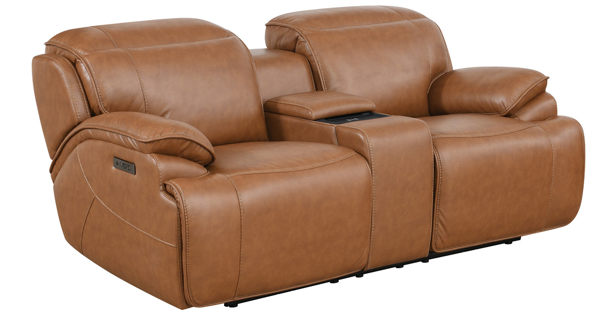 Heber Saddle Fabric Dual Power Reclining Loveseat with Console