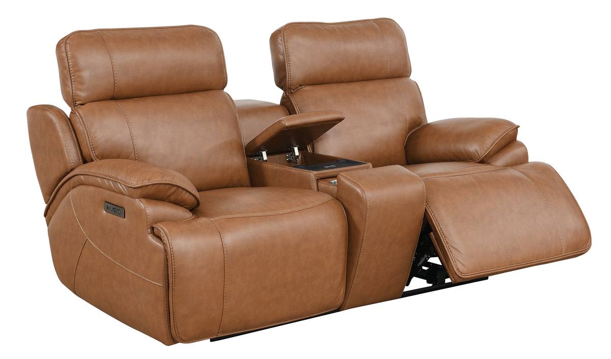 Heber Saddle Fabric Dual Power Reclining Loveseat with Console