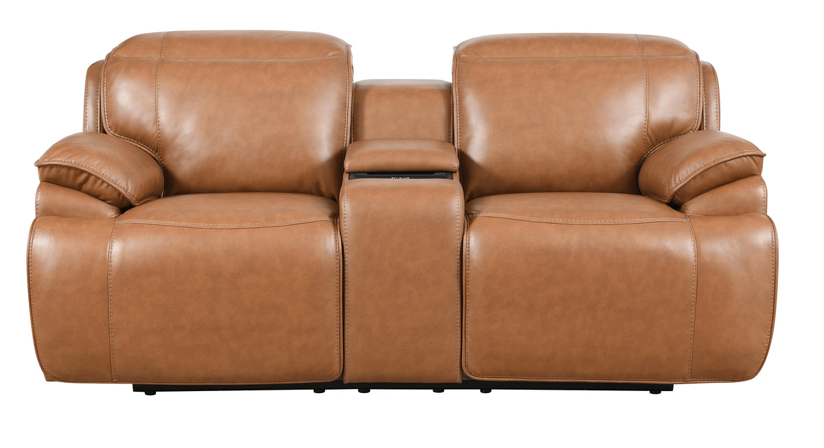 Heber Saddle Fabric Dual Power Reclining Loveseat with Console