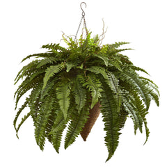 26" Artificial Giant Boston Fern with Cone Hanging Basket" - Ornate Home