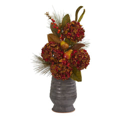26” Hydrangea, Pear and Magnolia Artificial Arrangement in Metal Vase - Ornate Home