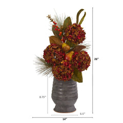 26” Hydrangea, Pear and Magnolia Artificial Arrangement in Metal Vase - Ornate Home
