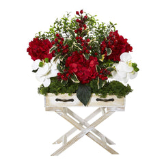 26” Hydrangea, Phalaenopsis Orchid and Holly Berry Artificial Arrangement in Drawer Planter - Ornate Home