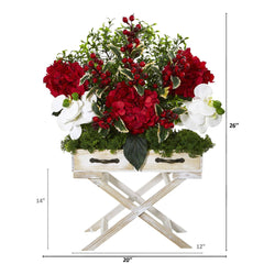 26” Hydrangea, Phalaenopsis Orchid and Holly Berry Artificial Arrangement in Drawer Planter - Ornate Home