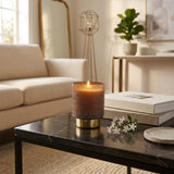 Pine Wood Amber/Gold Jasmine Etched Candle with Base