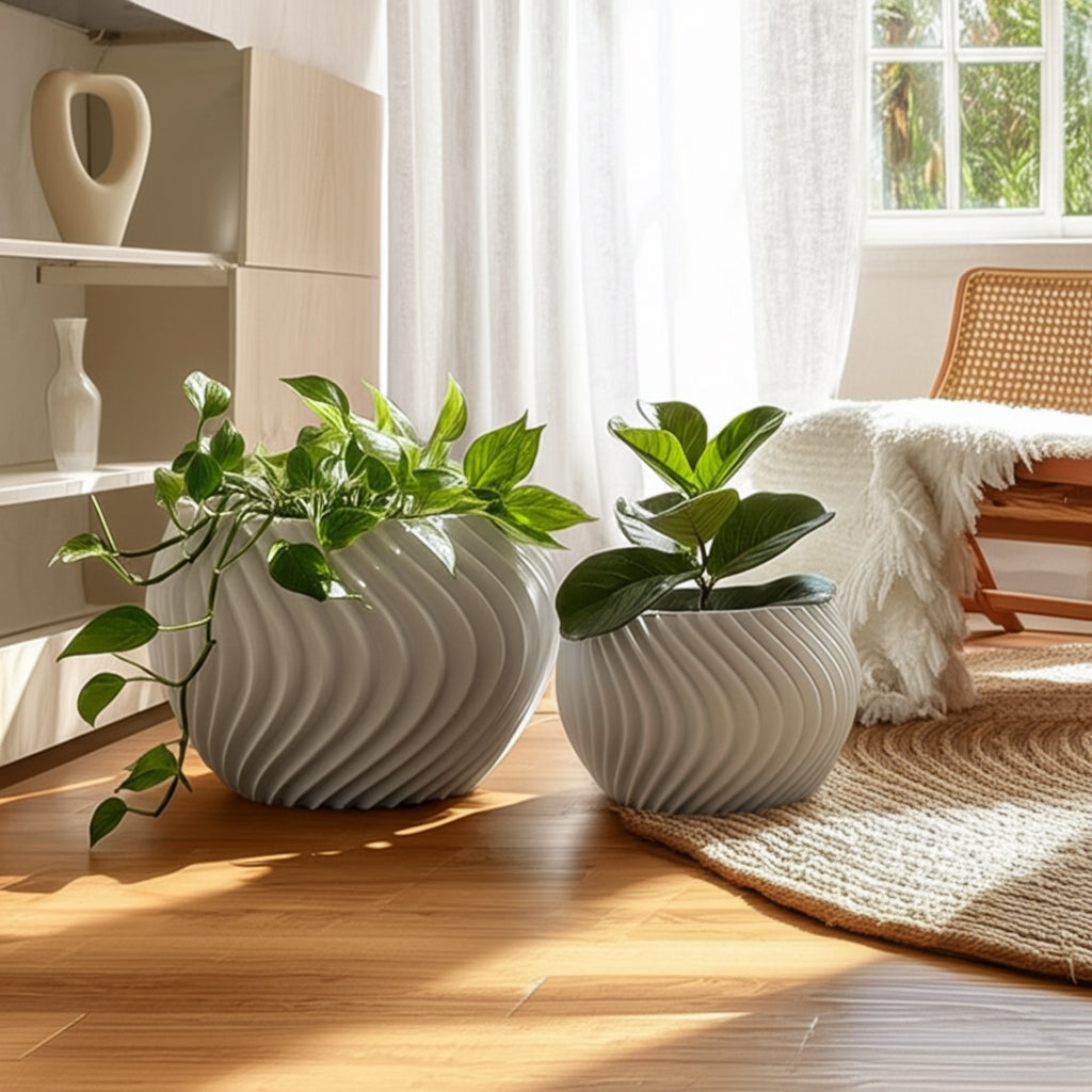 Commerce White Curvy Lines Rounded Planters (Set of 2)
