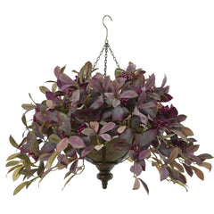 27” Fall Laurel Leaf with Berries Artificial Plant in Metal Hanging Bowl - Ornate Home