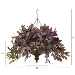 27” Fall Laurel Leaf with Berries Artificial Plant in Metal Hanging Bowl - Ornate Home