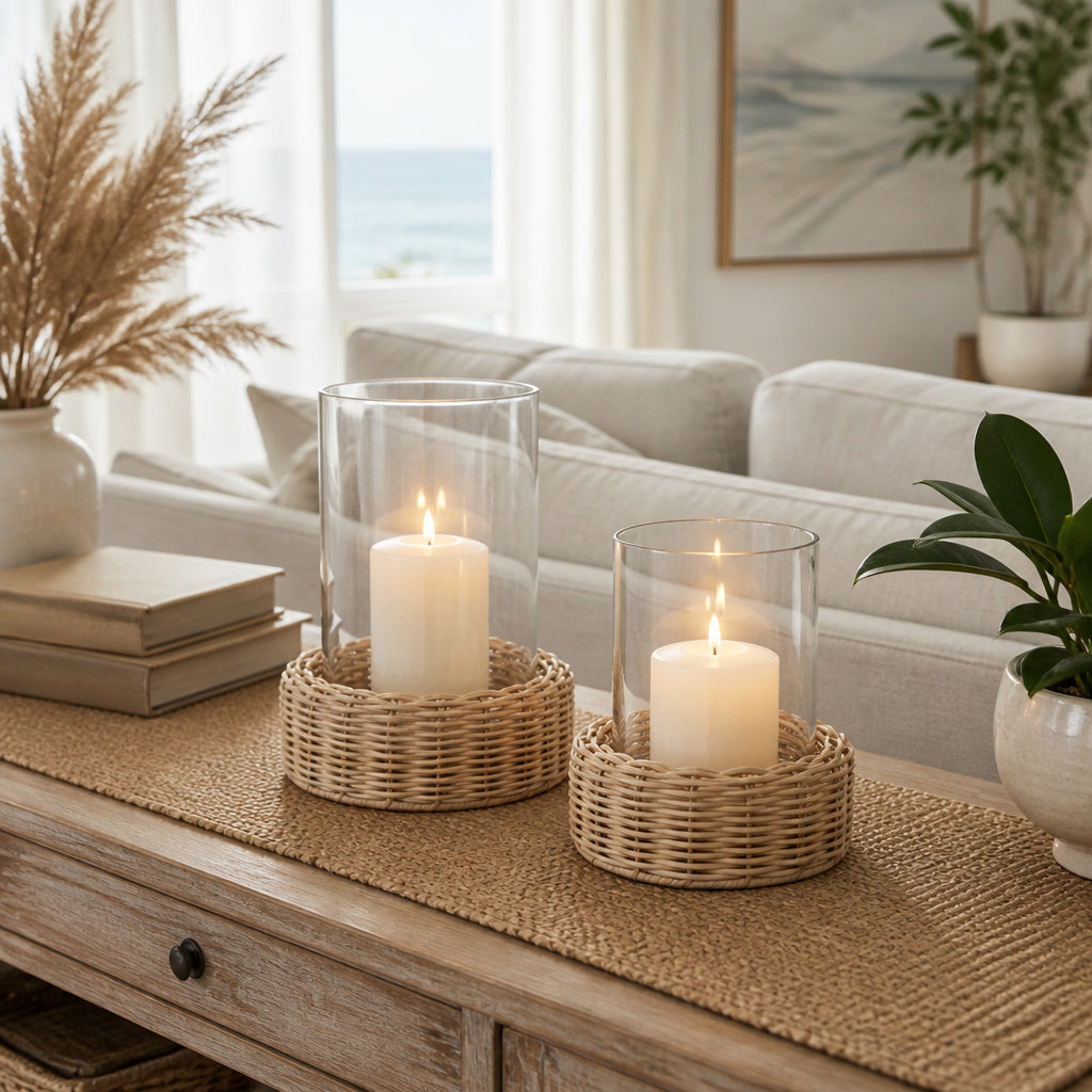 Woodfords Natural Raffia Base Hurricanes (Set of 2)