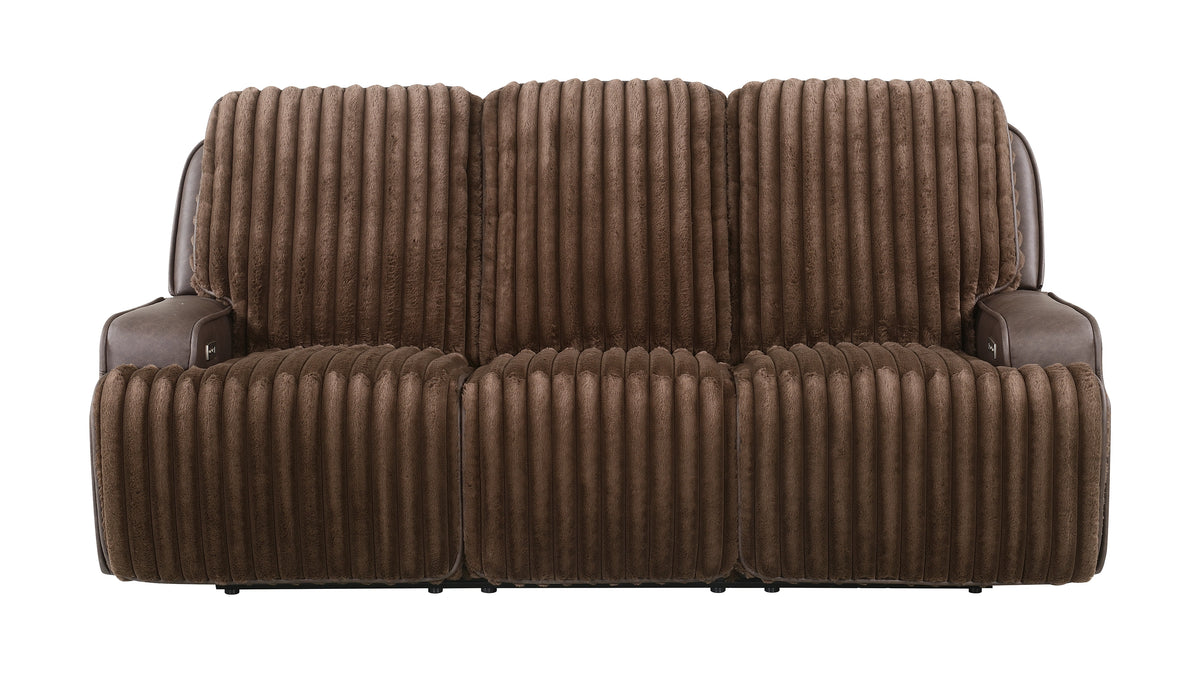 Logan Two-Tone Brown Fabric & Leatherette Power Reclining Sofa with Drop-Down Table