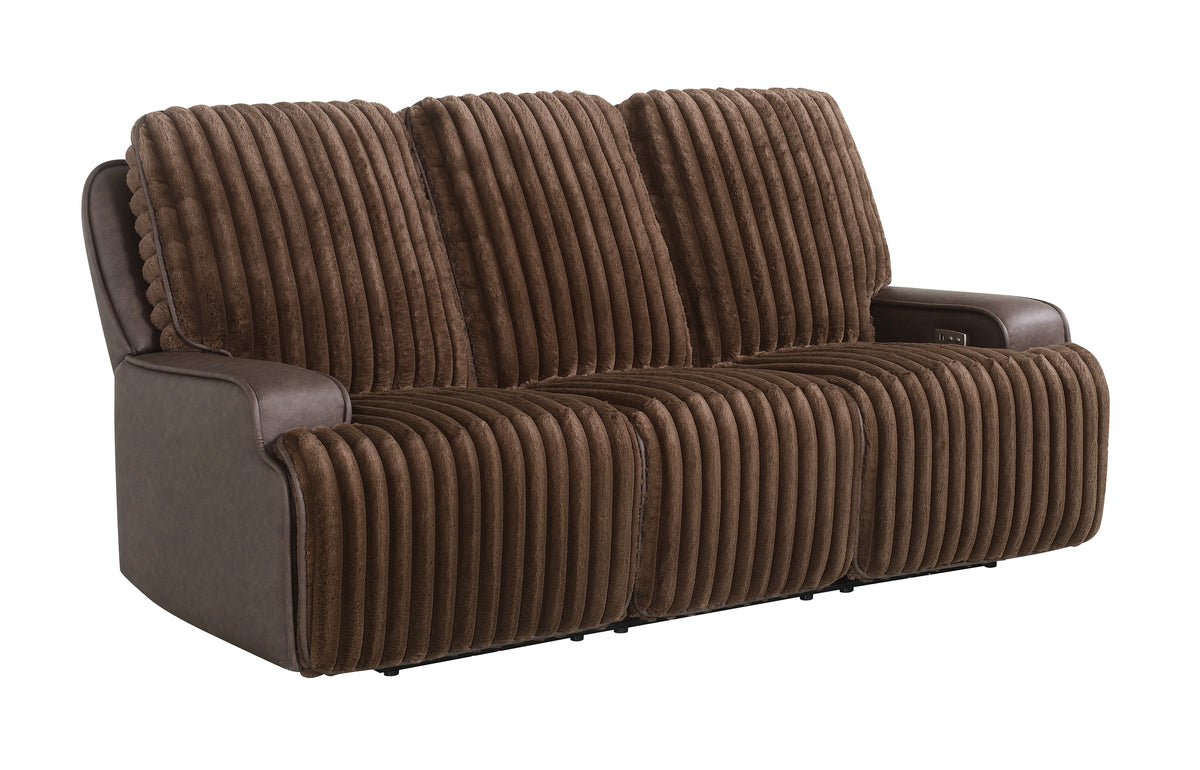 Logan Two-Tone Brown Fabric & Leatherette Power Reclining Sofa with Drop-Down Table