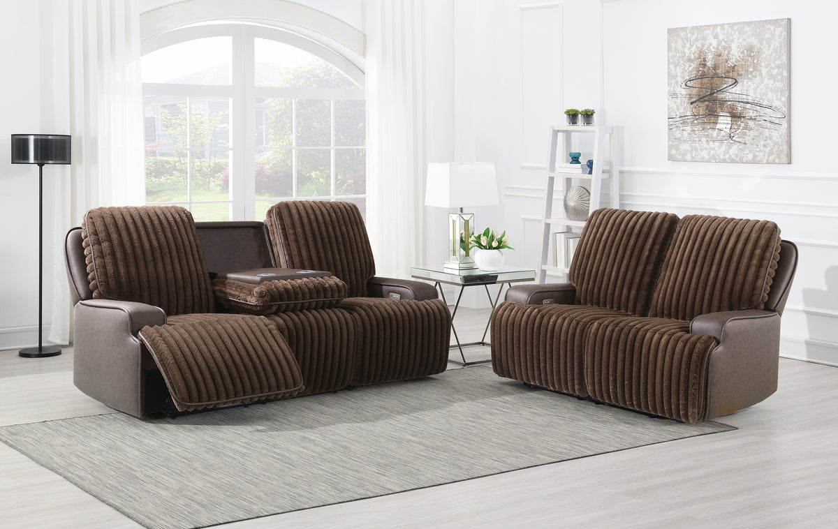 Logan Two-Tone Brown Fabric & Leatherette Power Reclining Sofa with Drop-Down Table